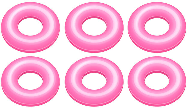 Six pink inflatable rings arranged in two rows on a white background, summer pool float objects