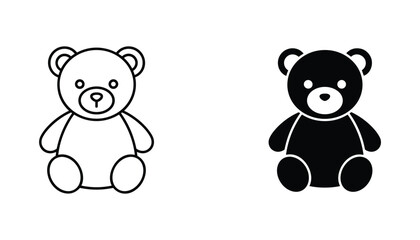 Teddy bear vector icon isolated on white Black and white outline line art and solid glyph silhouette