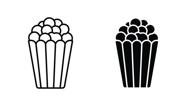 Popcorn vector icon isolated on white Black and white outline line art and solid glyph silhouette