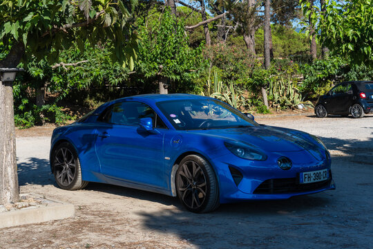 blue Alpine A110 car, a French sports coup&eacute; known for its lightness and agility. Bastia, France, July 5, 2026