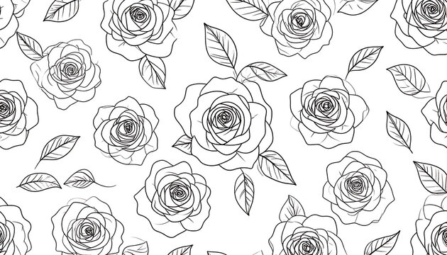 Seamless pattern of stylized roses and leaves, delicate floral outline design, simple repeating motif, romantic botanical illustration