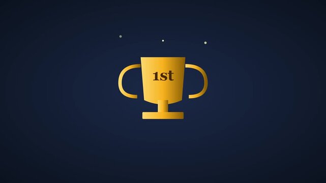 Gold 1st place winner trophy animation with sparkles on dark 4k background