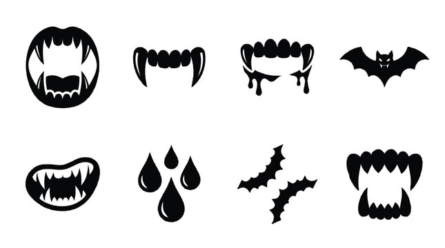 Black vampire fangs teeth bat and blood drops silhouette icons set for Halloween.