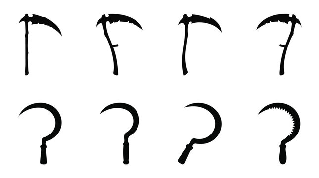 Set of black silhouettes of grim reaper scythes and agricultural sickles.