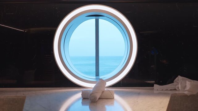 Spa on cruise ship featuring elegant circular window with illuminated frame offering serene ocean view. Rolled white towels rest on marble surface in luxurious bathroom interior with dark walls.