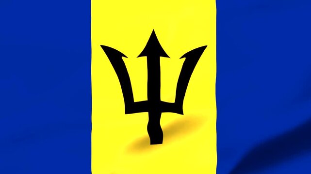 Barbados national flag with trident symbol on yellow background