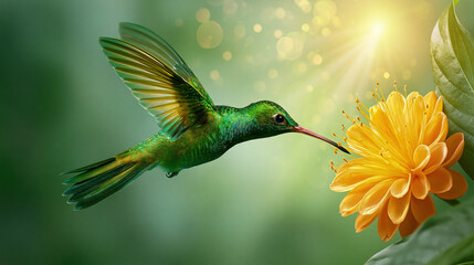 Fototapeta premium Hummingbird Feeding on Bright Yellow Flower in Sunshine