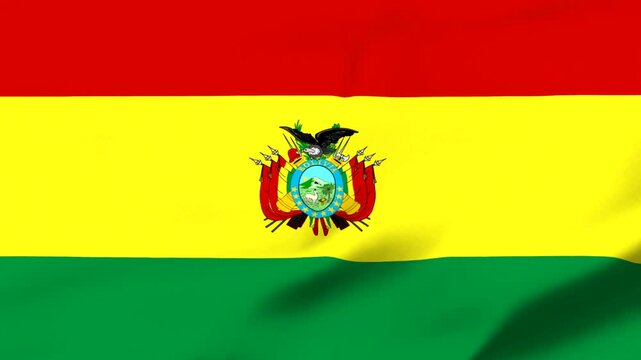 Bolivia national flag with coat of arms waving in wind