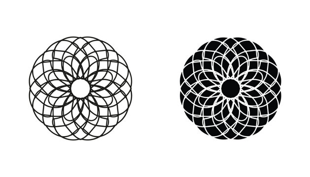 Geometric mandala vector icon isolated on white Black and white outline line art and solid glyph silhouette
