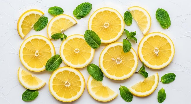 Lemon Slices with Mint Leaves on Bright White Background