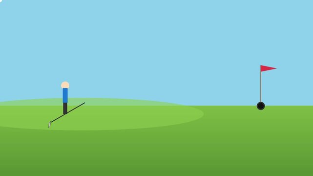 Minimalist 2 d animation of a golfer putting a ball into the hole on a green course 4k