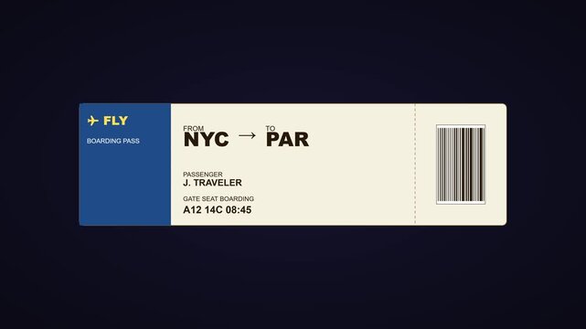 Minimalist airline boarding pass from nyc to paris for travel concept and vacation planning animation 4k