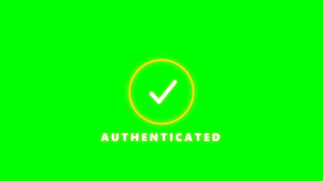 Authenticated checkmark animation with glowing yellow circle on green screen