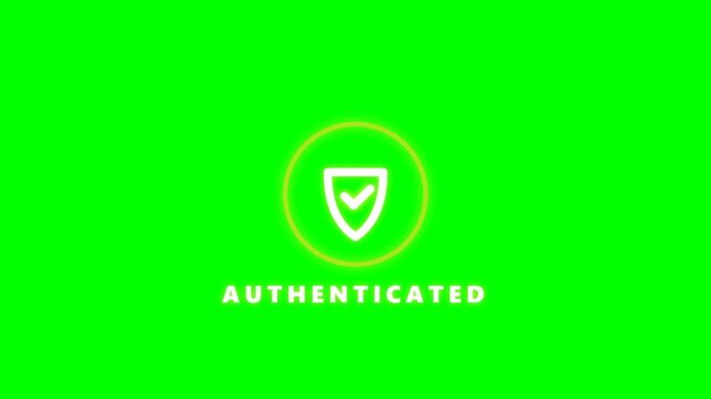 Authenticated shield icon with glowing particles on green screen