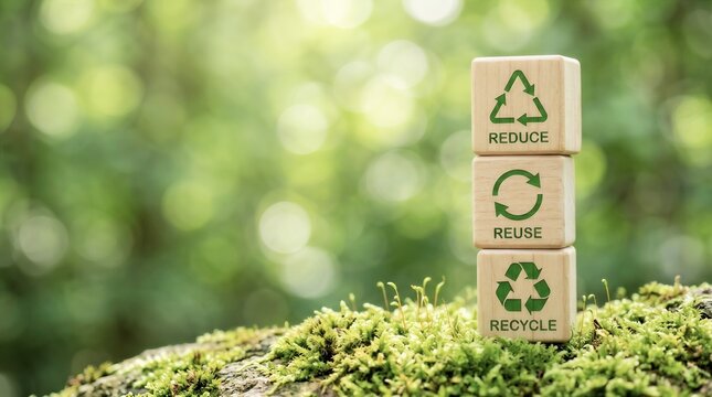 3 Wooden Blocks with 3R Concept Reduce Reuse Recycle Symbols on Mossy Ground with Green Bokeh Background
