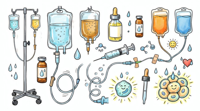 Set of hand drawn IV therapy elements. Doodle drawings of clean clinic drip bags, liquid lines, vitamin cocktail bottles, glowing cell hydration icons, medical stands, no text, isolated white
