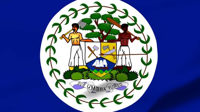 National flag of Belize with coat of arms and two men
