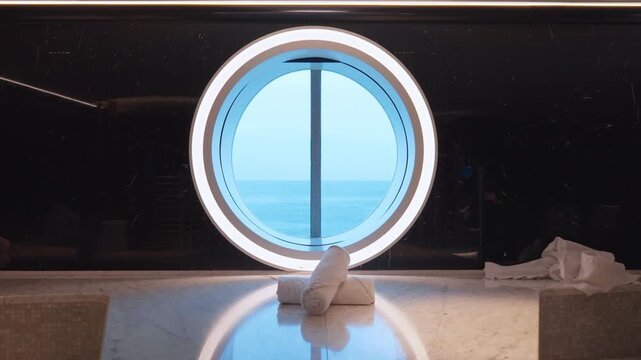 Luxurious cruise ship spa bathroom featuring large circular porthole window with LED ring lighting, black marble walls, white marble bathtub surround, rolled towels, and serene ocean horizon view.