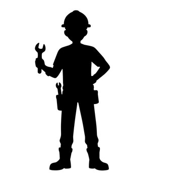 Worker holding a wrench in silhouette with tools on belt  