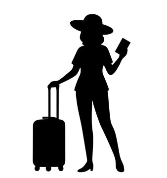 Woman standing with luggage and ticket, concept of vector icon set isolated, black silhouette  