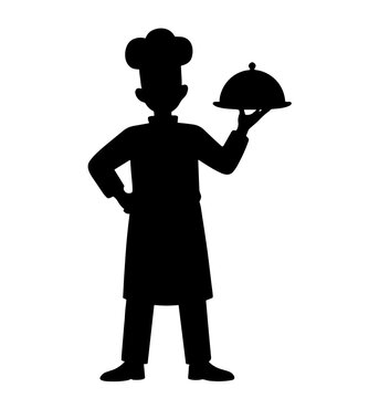 Chef holding a cloche in silhouette on white background  