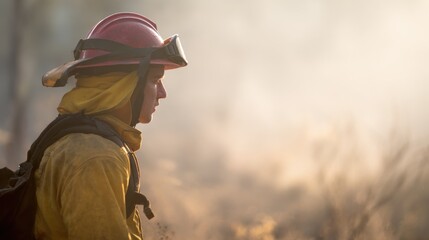 Fototapeta premium Firefighter stands in smoke during wildfire response in outdoor setting in the afternoon