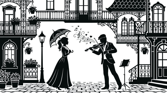 Violinist serenades woman with umbrella in romantic street scene.