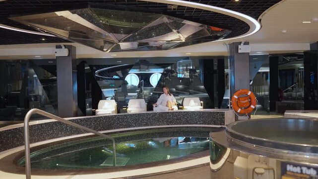 Spa area on cruise ship featuring woman in bathrobe sitting near indoor pool and hot tub. Modern interior with mirrored ceiling, white leather loungers, safety ring, and elegant ambient lighting.
