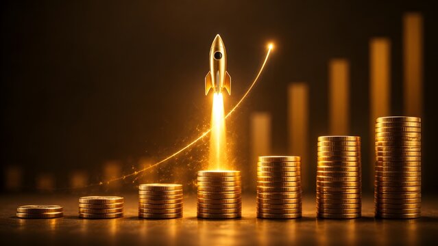 Golden rocket launching from coin stacks leaving a curved light trail against financial chart background for exponential economic growth concept