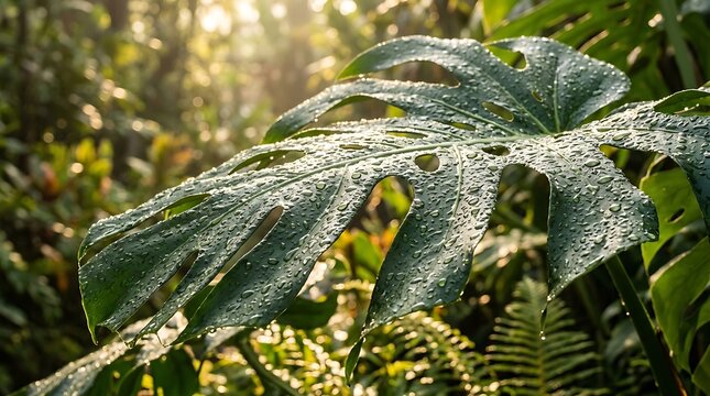 Lush Green Monstera Leaf with Raindrops in Tropical Forest Sunlight.