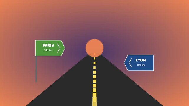 Road sign direction to paris and lyon with sunset animation 4k background, concept travel navigation