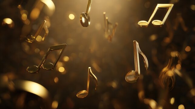 Floating golden music notes create a lively scene in the air with a warm glow highlighting their shapes