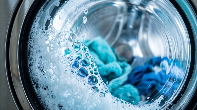 Detailed view of a washing machine drum filled with turbulent water and abundant white foam, showcasing the powerful agitation during a wash cycle.