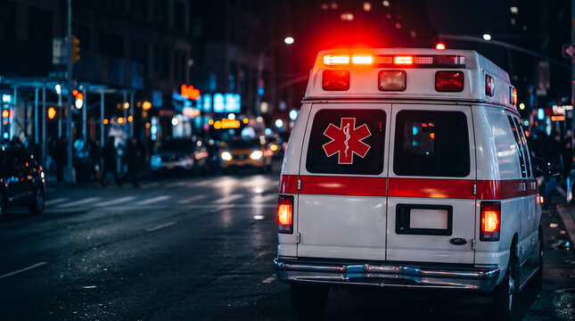 Rear view of an emergency medical services ambulance driving down a city street at night with flashing red lights active during an urgent medical response, ambulance