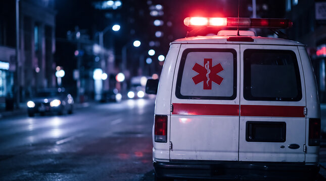 Ambulance with flashing red lights on urban street during day, emergency vehicle ready for medical response in city.