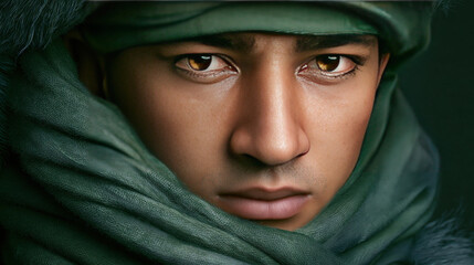Naklejka premium Person with headscarf in close-up portrait