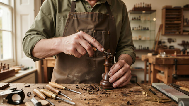 Hands carving a dark wooden chess piece with a small chisel. Artisan wearing a leather apron working at a rustic workbench covered in wood shavings. Traditional woodworking craftsmanship concept