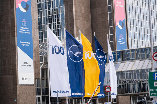 Frankfurt, Germany: Lufthansa 100 years celebration flags at the airport