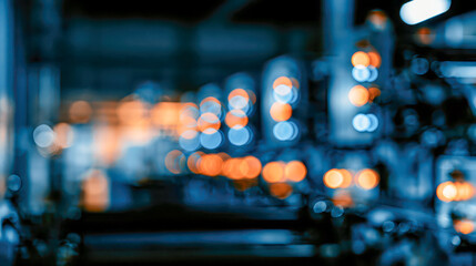 Fototapeta premium Heavily defocused dark industrial workshop at night with diagonal orange and blue bokeh receding into depth, cinematic industrial backdrop