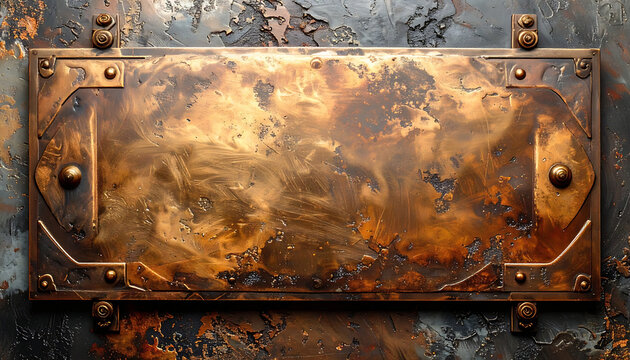 Textured aged brass plaque with rivets, distressed metal background, steampunk industrial design element