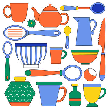 Colorful collection of various kitchen utensils and tableware items illustrated