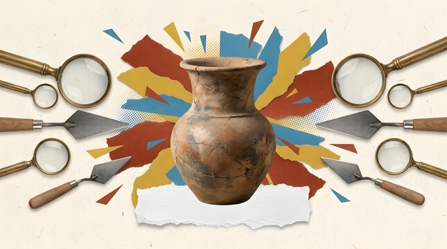 Archaeological clay pot artifact magnifying glass trowel colorful paper burst modern layout