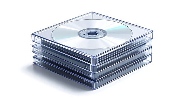 Stack of blank cd cases with reflective discs, digital storage, data backup and archiving concept