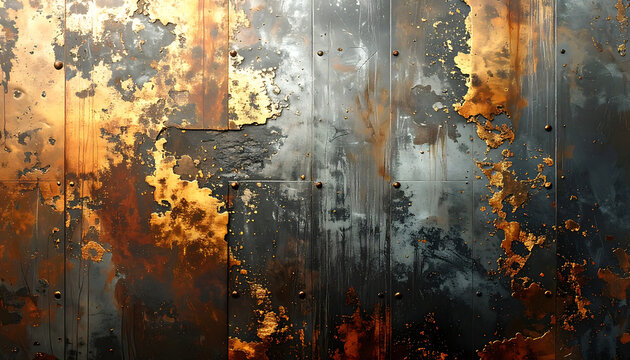 Textured grunge metal surface with peeling paint and rust spots, weathered industrial background