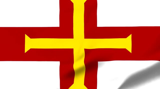 Waving flag of Guernsey a national symbol with a red cross and gold cross on a white background representing patriotism