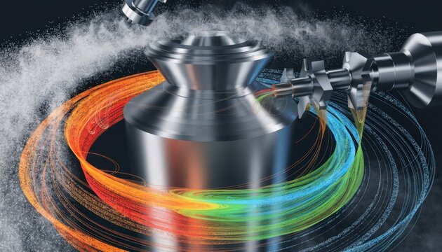 Medium shot of digital twin interface displaying detailed simulated toolpaths with vibrant heat map highlighting areas of high deflection during turning process.