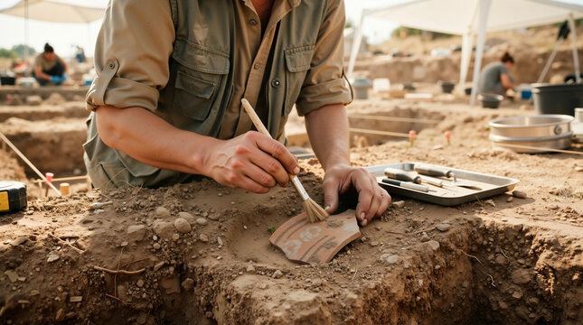 Archaeologist cleaning ancient pottery shard at excavation site. Professional researcher using brush to uncover historical artifact in soil
