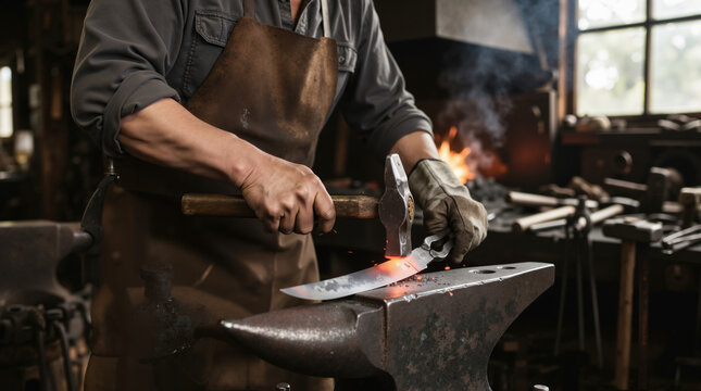 Blacksmith forging a glowing metal sword on an anvil. Traditional metalworking craft in a workshop. Skilled artisan shaping steel with a hammer