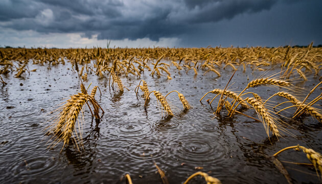 View of a flooded wheat field with low water level and stormy sky