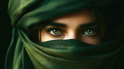 Naklejka premium Woman with Green Scarf Covering Face, Close-Up Portait